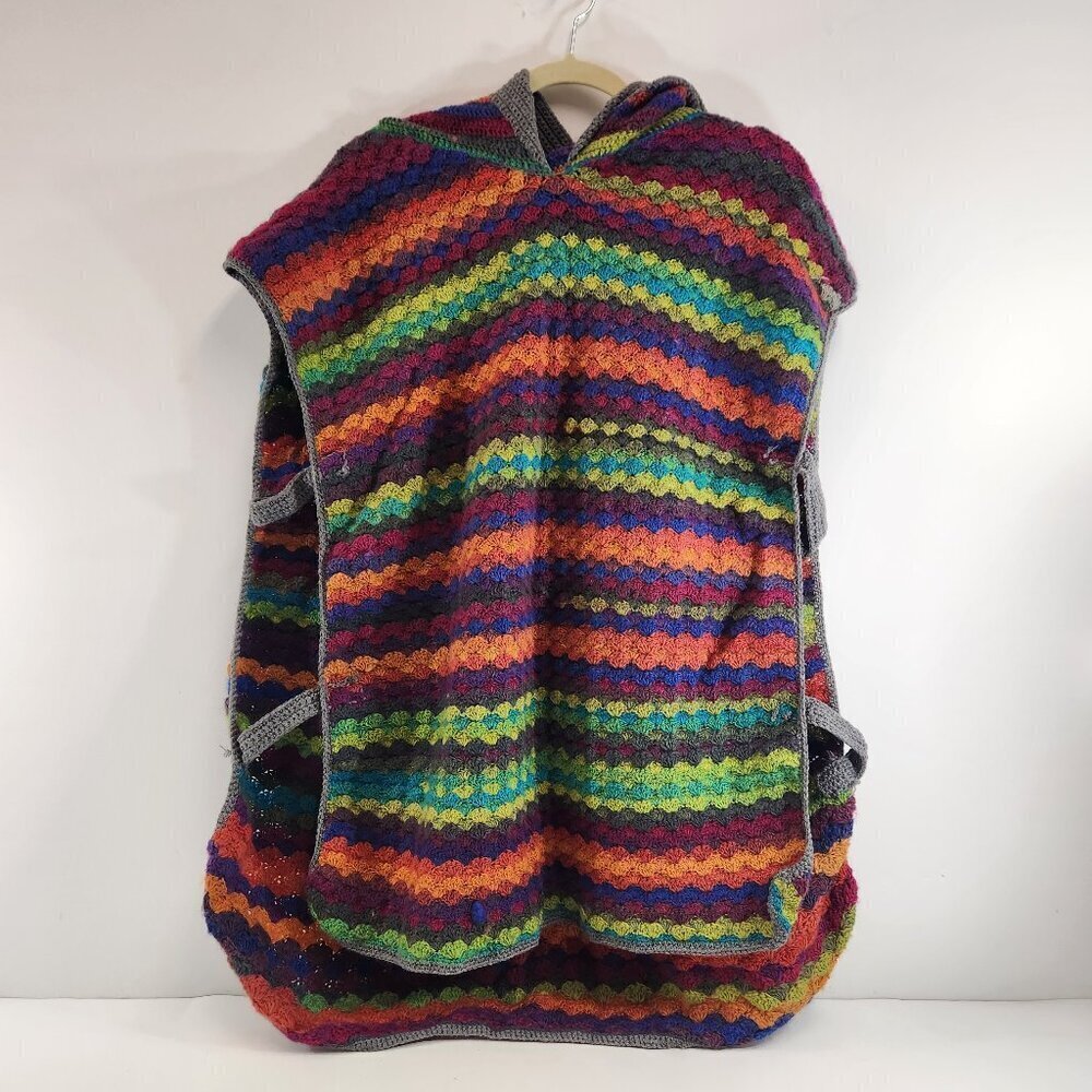 Hand Knit Rainbow Striped Hooded Poncho Unisex Hippie Colorful Yarn